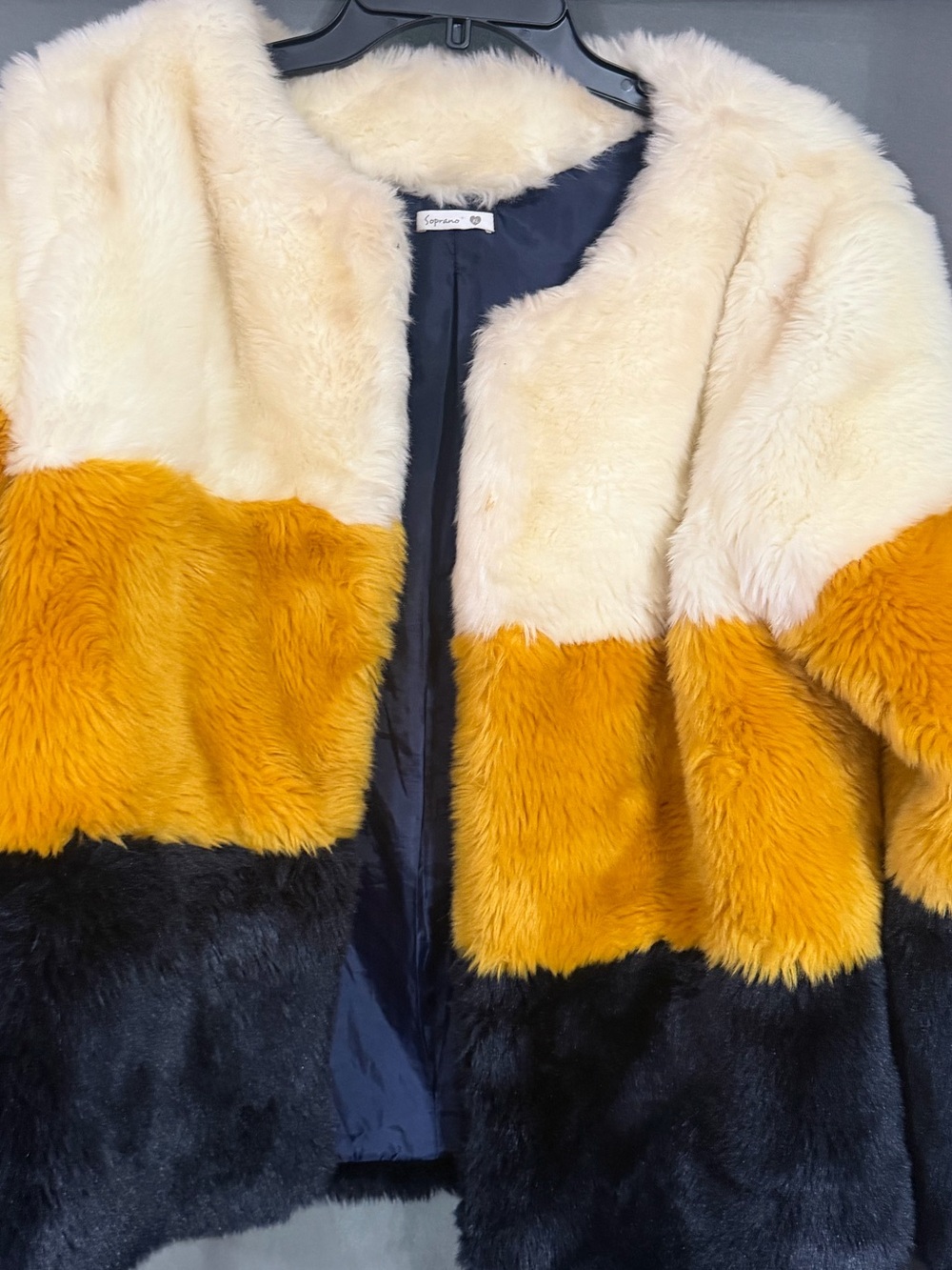 Soprano Colorblock Faux Fur Jacket in Cream, Mustard & Blue